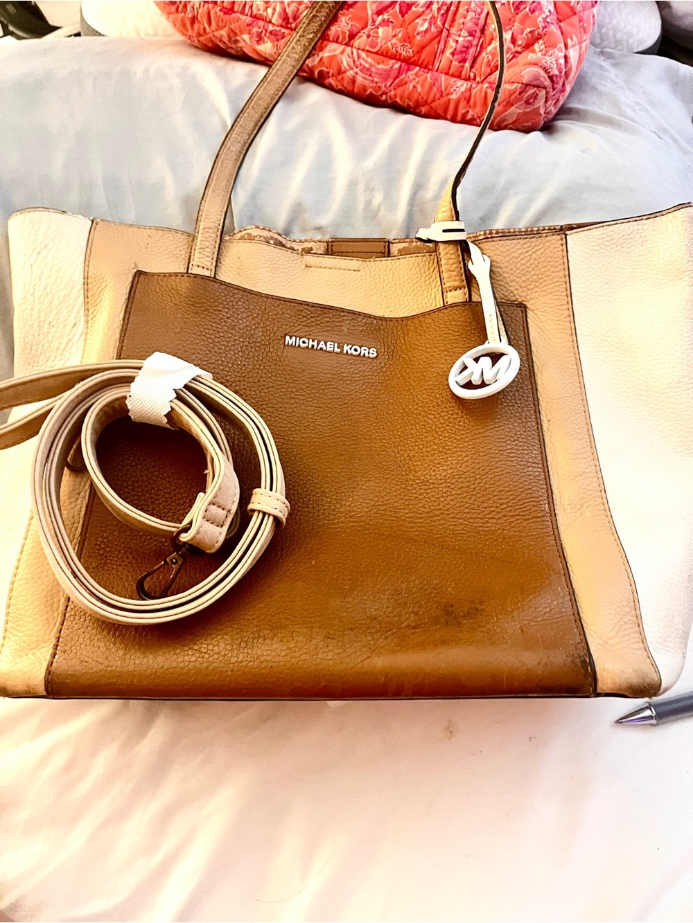 Michael Kors Two-Tone Brown & Cream Leather Tote with MK Charm